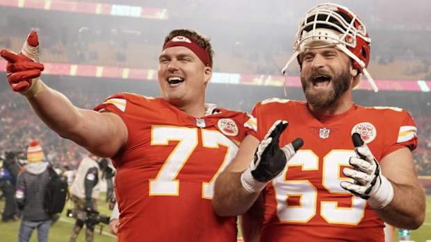 Andrew Wylie and Kyle Long celebrate a win.